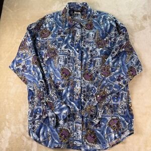 Country Shop Linen Cotton Button Up Shirt Blue Purple Feather‎ Print Small